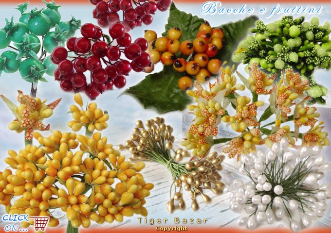 pistilli fiori mazzolini bacche frutta fruttini con foglioline articoli bomboniere piantine perline confetti