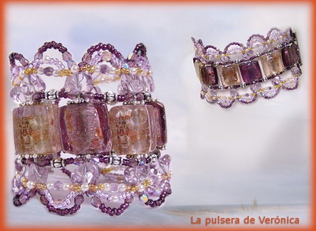 La pulsera de Veronica creazione braccialetti perle quadrate ricamo ad intreccio cristalli perline conterie lilla viola rosa