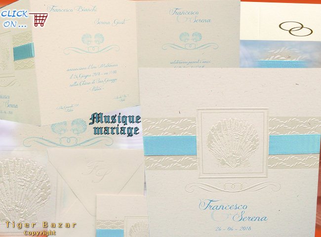 biglietti di partecipazioni matrimonio carta a mano particolare tema mare conchiglie nodi marinari nastro blu tiffany