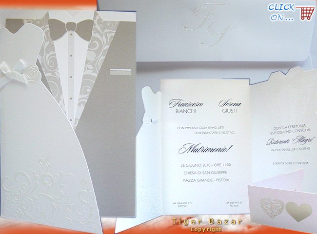 partecipazione di nozze modello libro abiti sposi vestiti bianco grigio in 3 parti con invito incorporato