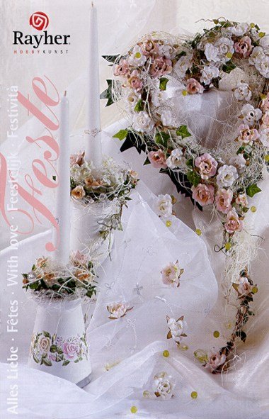 copertina depliant matrimonio colori bianco rosa tema roselline cuore di fiori portacandele decoupage petali e perle
